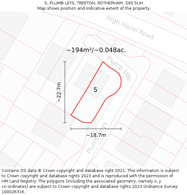 5, PLUMB LEYS, TREETON, ROTHERHAM, S60 5UH: Plot and title map
