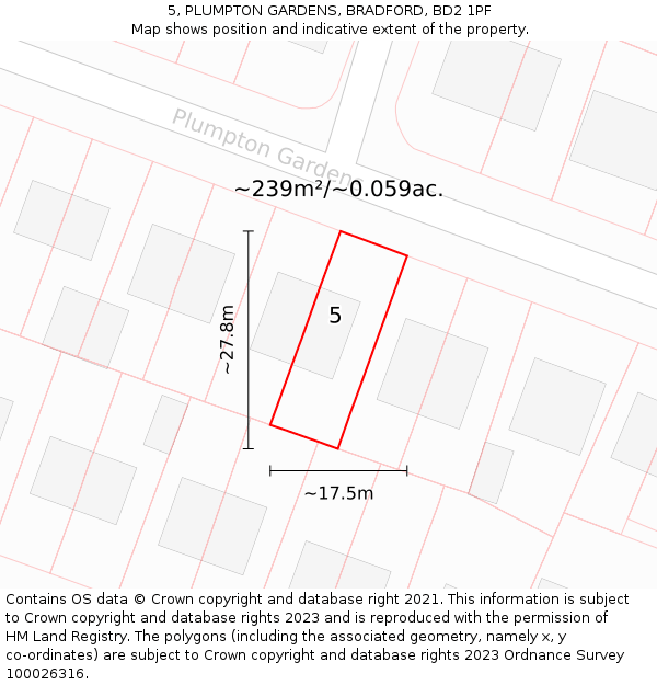 5, PLUMPTON GARDENS, BRADFORD, BD2 1PF: Plot and title map