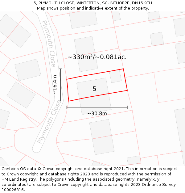 5, PLYMOUTH CLOSE, WINTERTON, SCUNTHORPE, DN15 9TH: Plot and title map