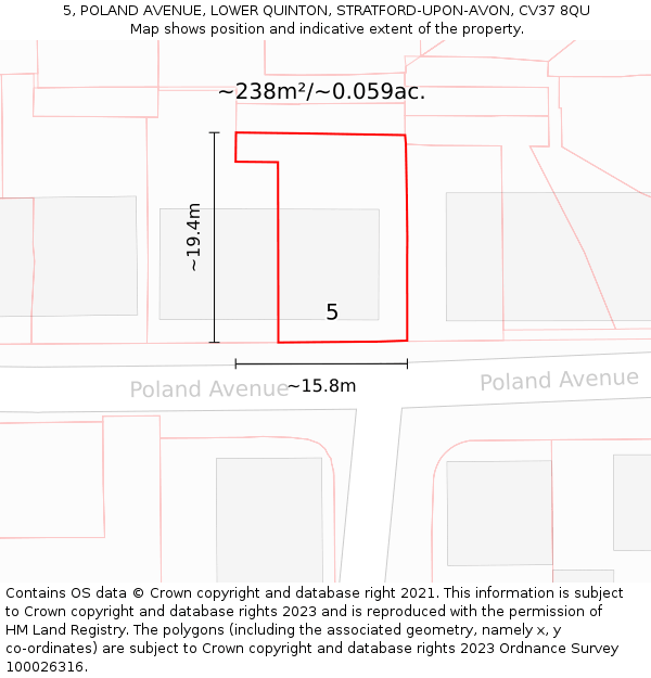 5, POLAND AVENUE, LOWER QUINTON, STRATFORD-UPON-AVON, CV37 8QU: Plot and title map
