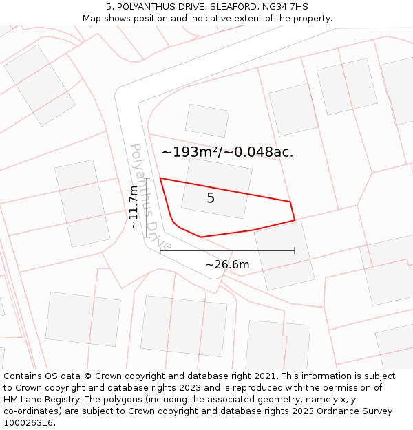 5, POLYANTHUS DRIVE, SLEAFORD, NG34 7HS: Plot and title map