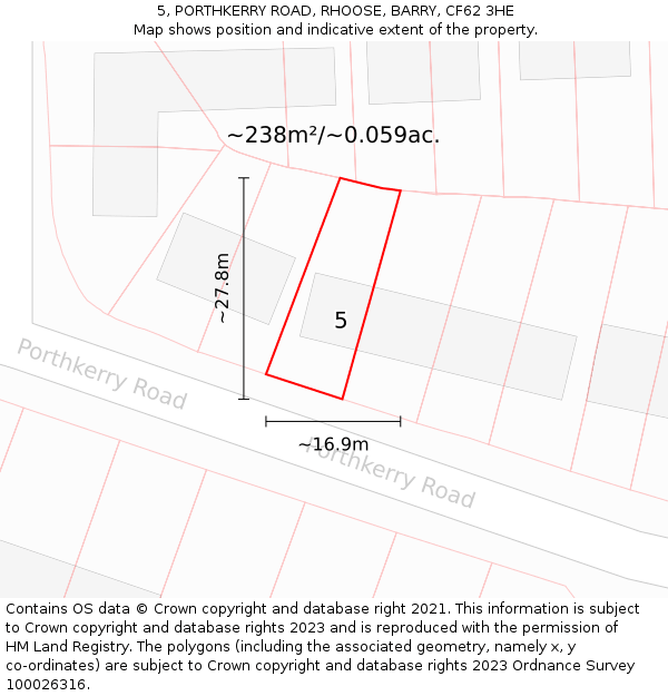 5, PORTHKERRY ROAD, RHOOSE, BARRY, CF62 3HE: Plot and title map