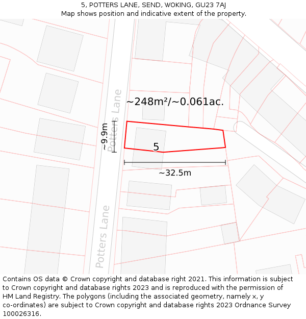 5, POTTERS LANE, SEND, WOKING, GU23 7AJ: Plot and title map