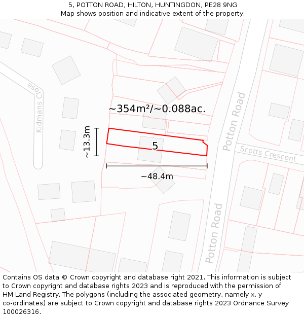5, POTTON ROAD, HILTON, HUNTINGDON, PE28 9NG: Plot and title map
