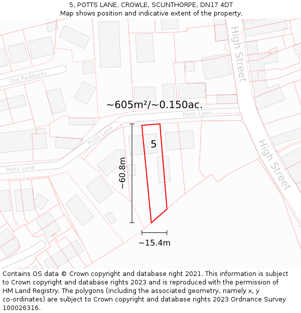 5, POTTS LANE, CROWLE, SCUNTHORPE, DN17 4DT: Plot and title map