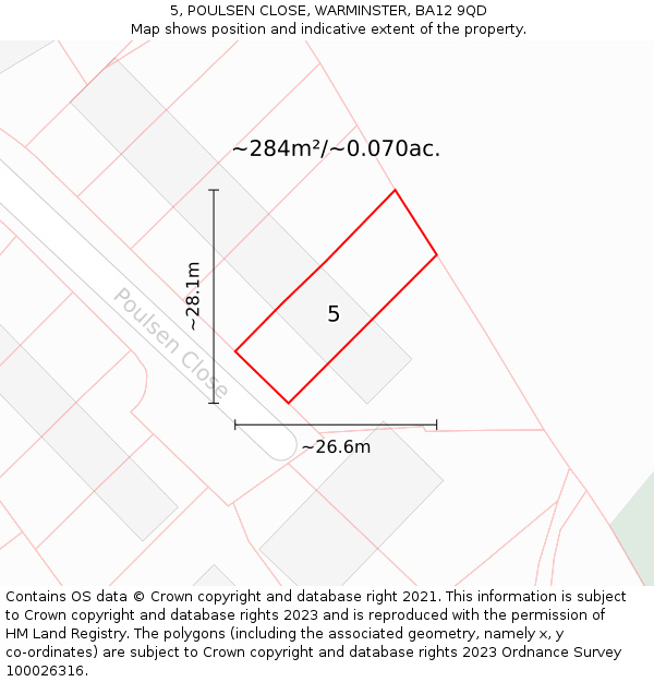5, POULSEN CLOSE, WARMINSTER, BA12 9QD: Plot and title map