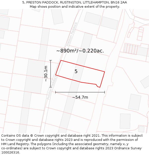 5, PRESTON PADDOCK, RUSTINGTON, LITTLEHAMPTON, BN16 2AA: Plot and title map