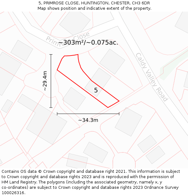 5, PRIMROSE CLOSE, HUNTINGTON, CHESTER, CH3 6DR: Plot and title map