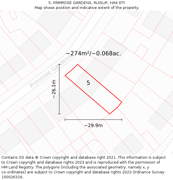 5, PRIMROSE GARDENS, RUISLIP, HA4 6TY: Plot and title map