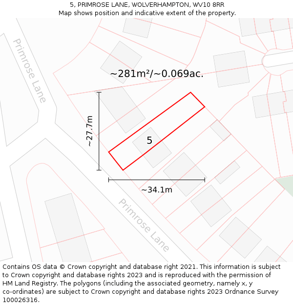 5, PRIMROSE LANE, WOLVERHAMPTON, WV10 8RR: Plot and title map