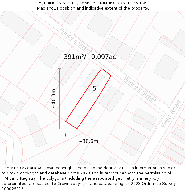 5, PRINCES STREET, RAMSEY, HUNTINGDON, PE26 1JW: Plot and title map