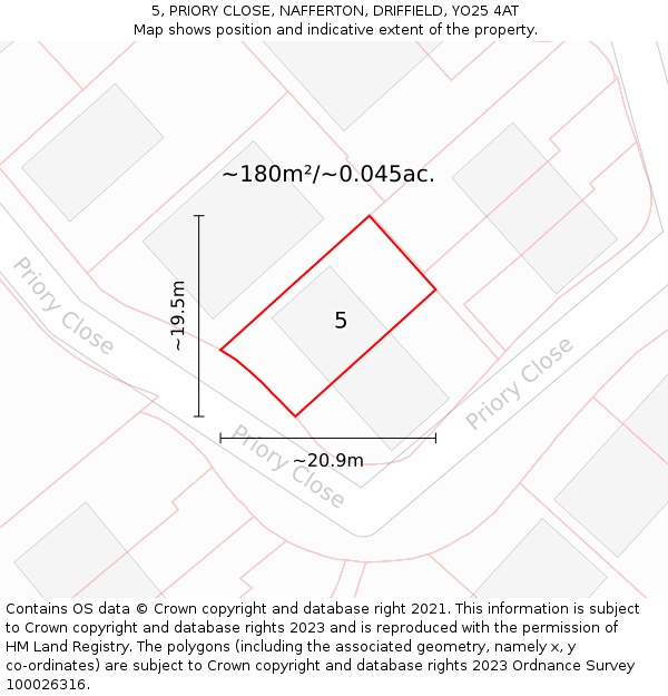 5, PRIORY CLOSE, NAFFERTON, DRIFFIELD, YO25 4AT: Plot and title map