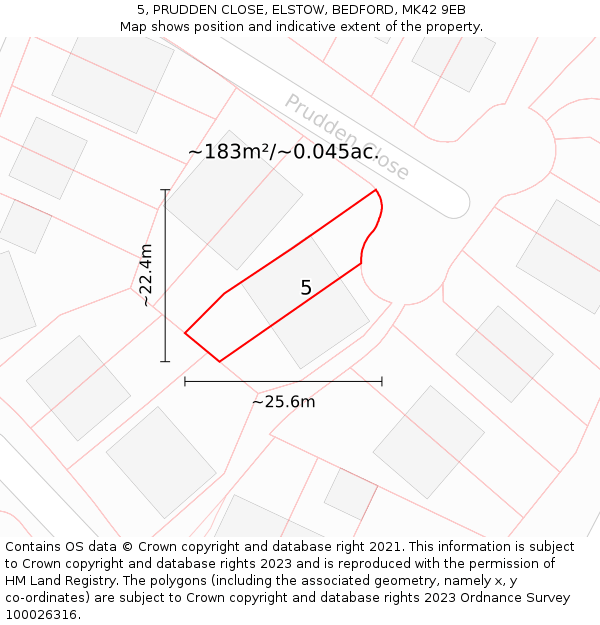 5, PRUDDEN CLOSE, ELSTOW, BEDFORD, MK42 9EB: Plot and title map