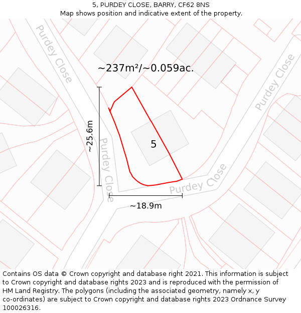5, PURDEY CLOSE, BARRY, CF62 8NS: Plot and title map