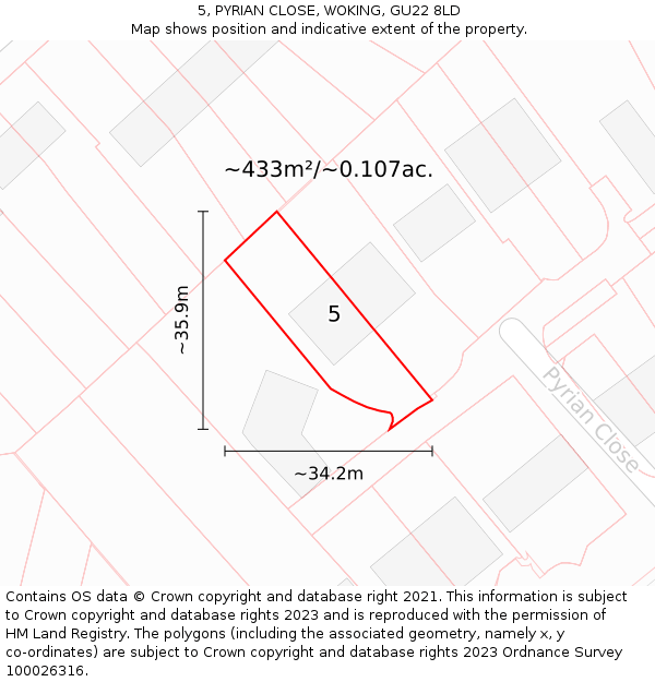 5, PYRIAN CLOSE, WOKING, GU22 8LD: Plot and title map