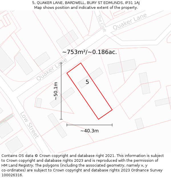 5, QUAKER LANE, BARDWELL, BURY ST EDMUNDS, IP31 1AJ: Plot and title map