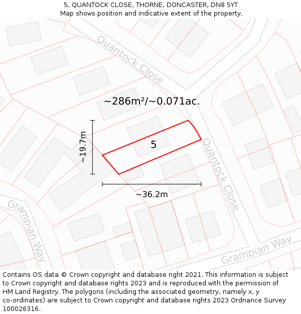 5, QUANTOCK CLOSE, THORNE, DONCASTER, DN8 5YT: Plot and title map