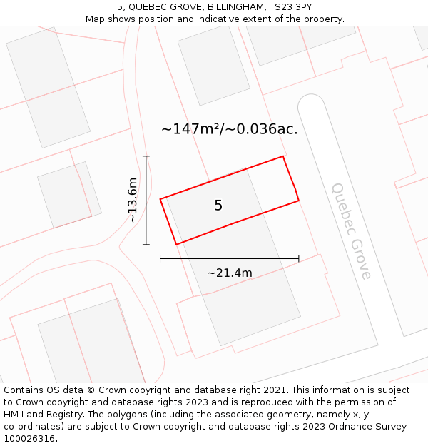 5, QUEBEC GROVE, BILLINGHAM, TS23 3PY: Plot and title map