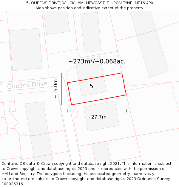 5, QUEENS DRIVE, WHICKHAM, NEWCASTLE UPON TYNE, NE16 4PX: Plot and title map