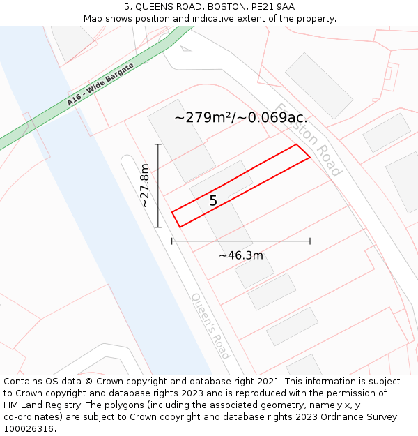 5, QUEENS ROAD, BOSTON, PE21 9AA: Plot and title map