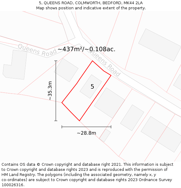 5, QUEENS ROAD, COLMWORTH, BEDFORD, MK44 2LA: Plot and title map