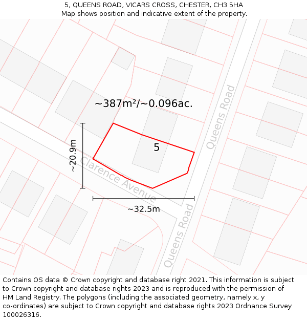 5, QUEENS ROAD, VICARS CROSS, CHESTER, CH3 5HA: Plot and title map