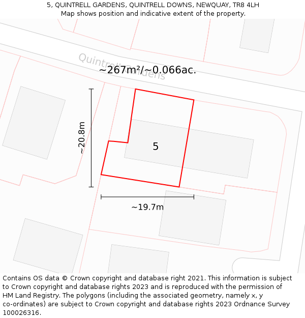 5, QUINTRELL GARDENS, QUINTRELL DOWNS, NEWQUAY, TR8 4LH: Plot and title map