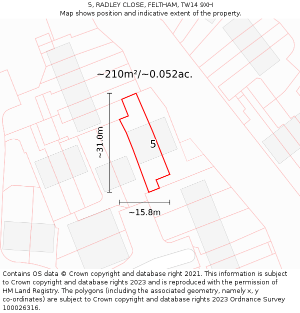 5, RADLEY CLOSE, FELTHAM, TW14 9XH: Plot and title map