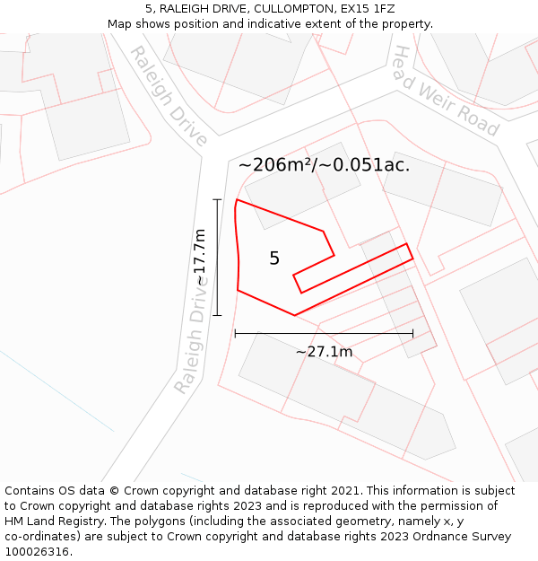 5, RALEIGH DRIVE, CULLOMPTON, EX15 1FZ: Plot and title map