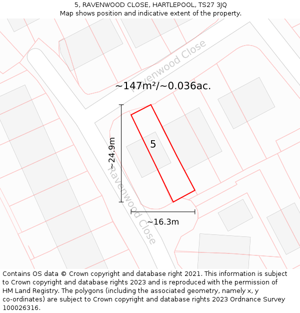 5, RAVENWOOD CLOSE, HARTLEPOOL, TS27 3JQ: Plot and title map