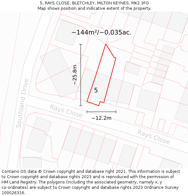 5, RAYS CLOSE, BLETCHLEY, MILTON KEYNES, MK2 3FG: Plot and title map