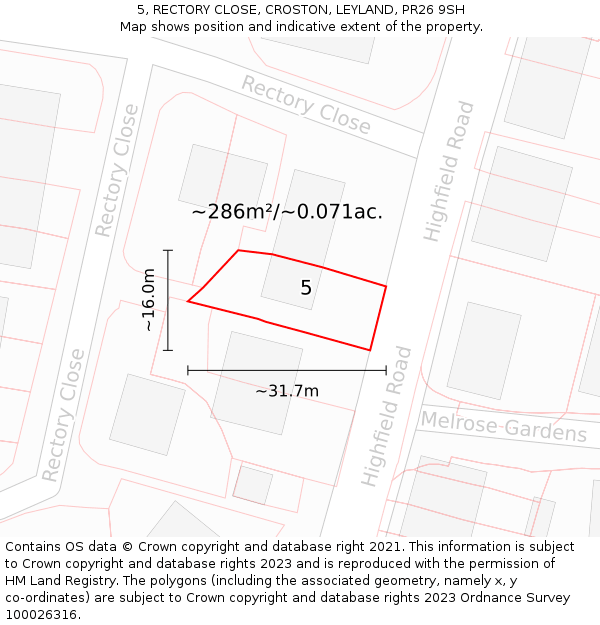 5, RECTORY CLOSE, CROSTON, LEYLAND, PR26 9SH: Plot and title map