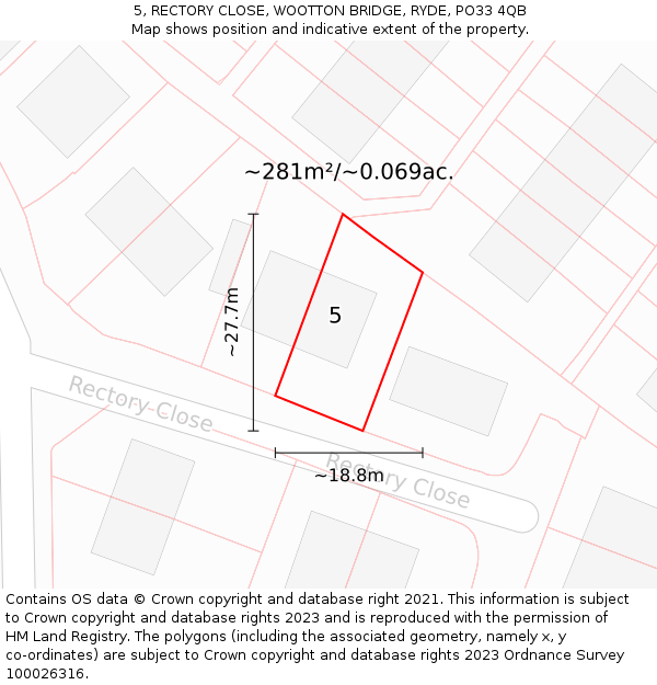5, RECTORY CLOSE, WOOTTON BRIDGE, RYDE, PO33 4QB: Plot and title map