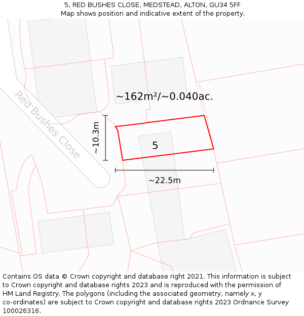 5, RED BUSHES CLOSE, MEDSTEAD, ALTON, GU34 5FF: Plot and title map
