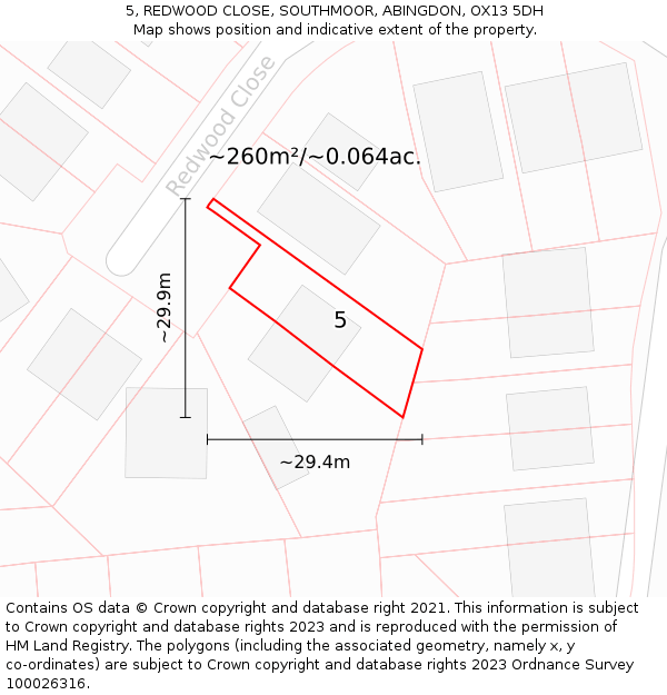 5, REDWOOD CLOSE, SOUTHMOOR, ABINGDON, OX13 5DH: Plot and title map