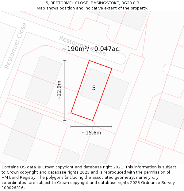 5, RESTORMEL CLOSE, BASINGSTOKE, RG23 8JB: Plot and title map