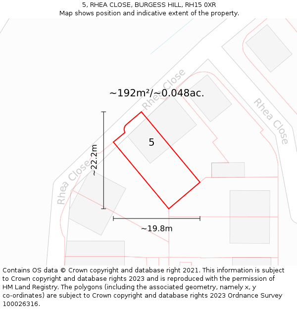5, RHEA CLOSE, BURGESS HILL, RH15 0XR: Plot and title map