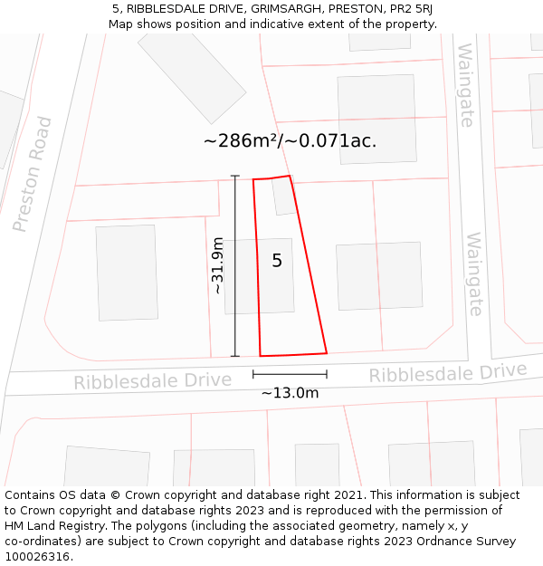 5, RIBBLESDALE DRIVE, GRIMSARGH, PRESTON, PR2 5RJ: Plot and title map