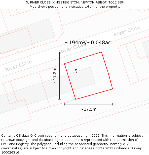 5, RIVER CLOSE, KINGSTEIGNTON, NEWTON ABBOT, TQ12 3SF: Plot and title map