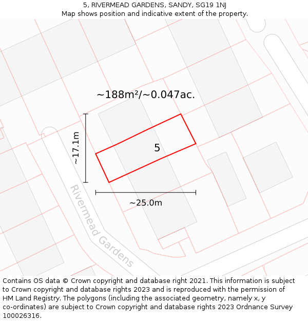 5, RIVERMEAD GARDENS, SANDY, SG19 1NJ: Plot and title map
