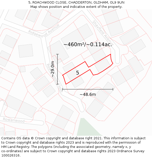 5, ROACHWOOD CLOSE, CHADDERTON, OLDHAM, OL9 9UN: Plot and title map