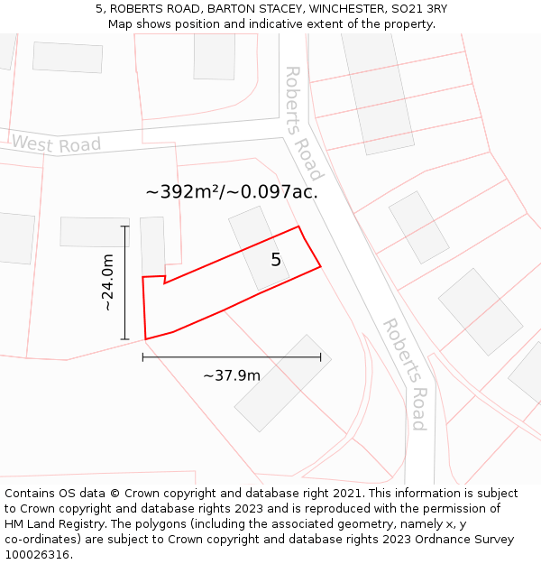 5, ROBERTS ROAD, BARTON STACEY, WINCHESTER, SO21 3RY: Plot and title map
