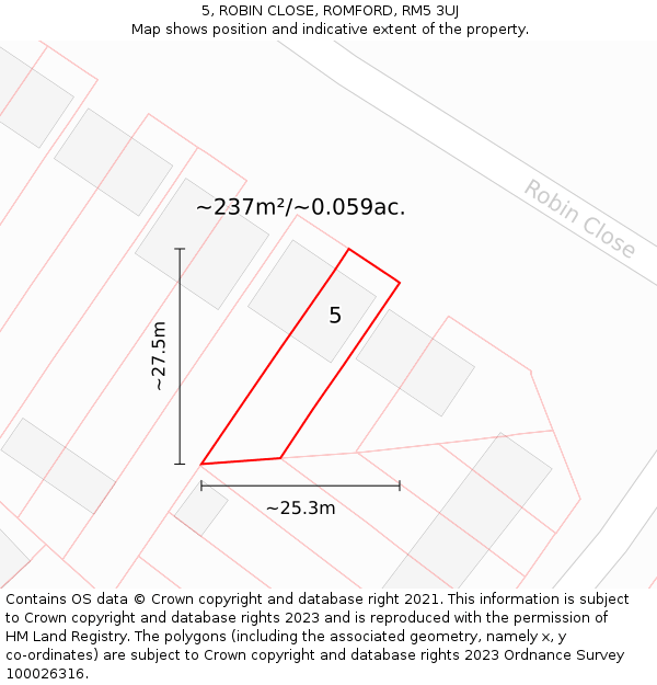 5, ROBIN CLOSE, ROMFORD, RM5 3UJ: Plot and title map