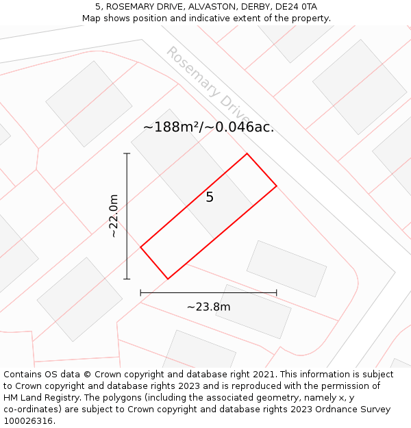 5, ROSEMARY DRIVE, ALVASTON, DERBY, DE24 0TA: Plot and title map