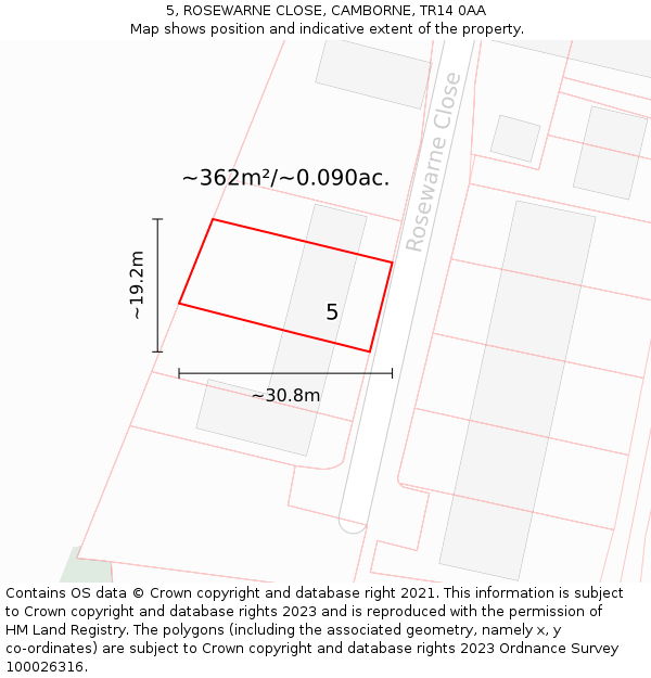 5, ROSEWARNE CLOSE, CAMBORNE, TR14 0AA: Plot and title map