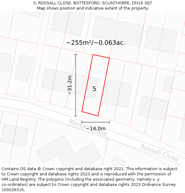 5, ROSSALL CLOSE, BOTTESFORD, SCUNTHORPE, DN16 3QT: Plot and title map