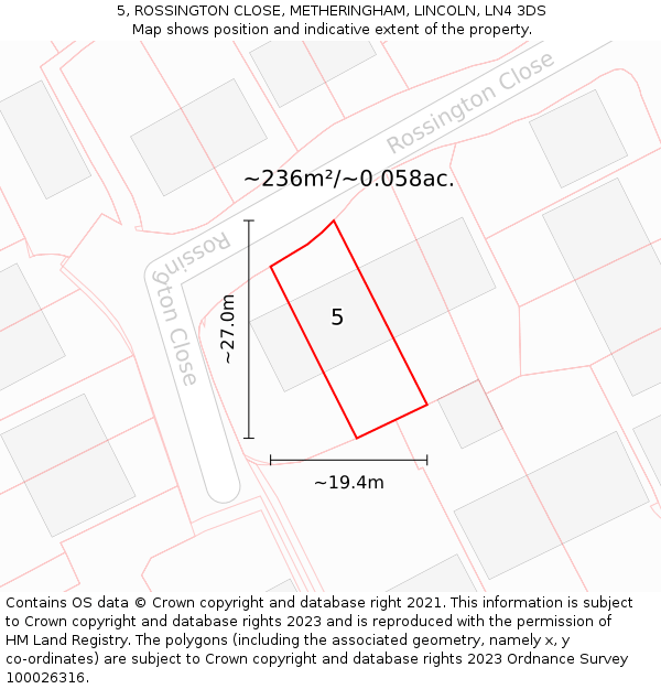 5, ROSSINGTON CLOSE, METHERINGHAM, LINCOLN, LN4 3DS: Plot and title map