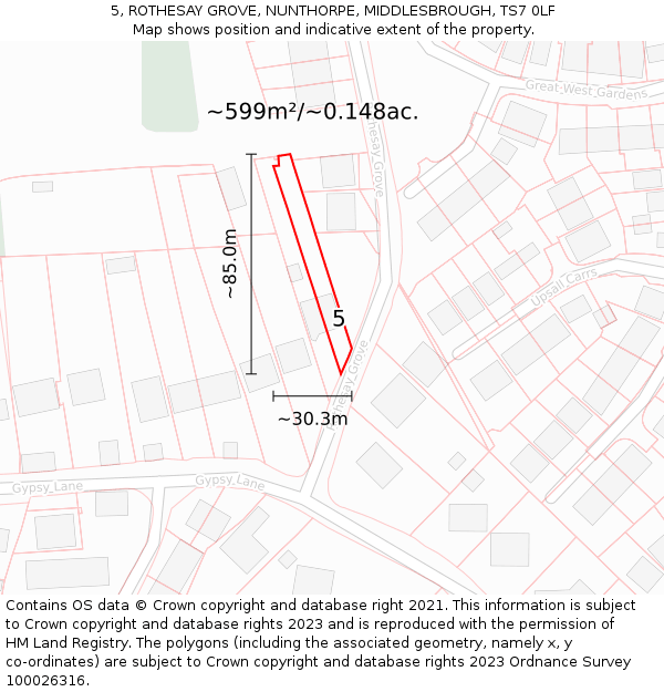 5, ROTHESAY GROVE, NUNTHORPE, MIDDLESBROUGH, TS7 0LF: Plot and title map