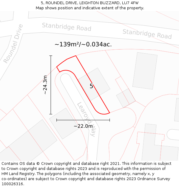 5, ROUNDEL DRIVE, LEIGHTON BUZZARD, LU7 4FW: Plot and title map