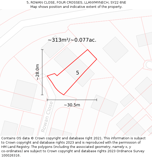 5, ROWAN CLOSE, FOUR CROSSES, LLANYMYNECH, SY22 6NE: Plot and title map